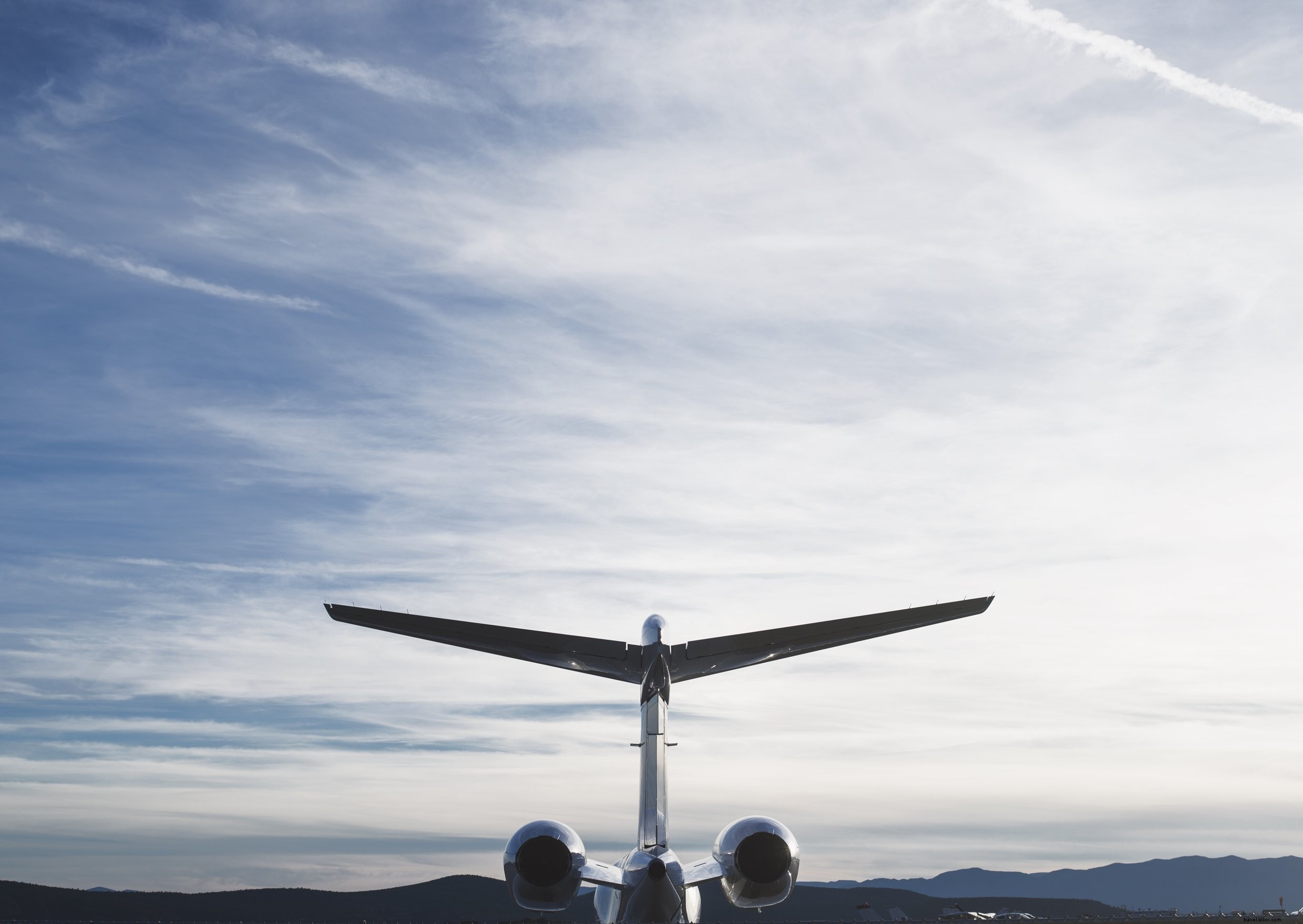 ジェット機の尾部と青空の写真