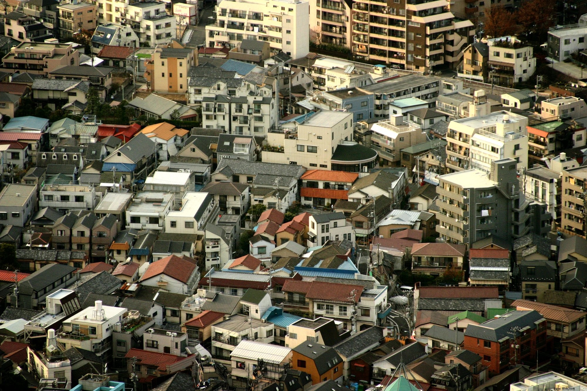 上空から撮影したカラフルな家の屋根