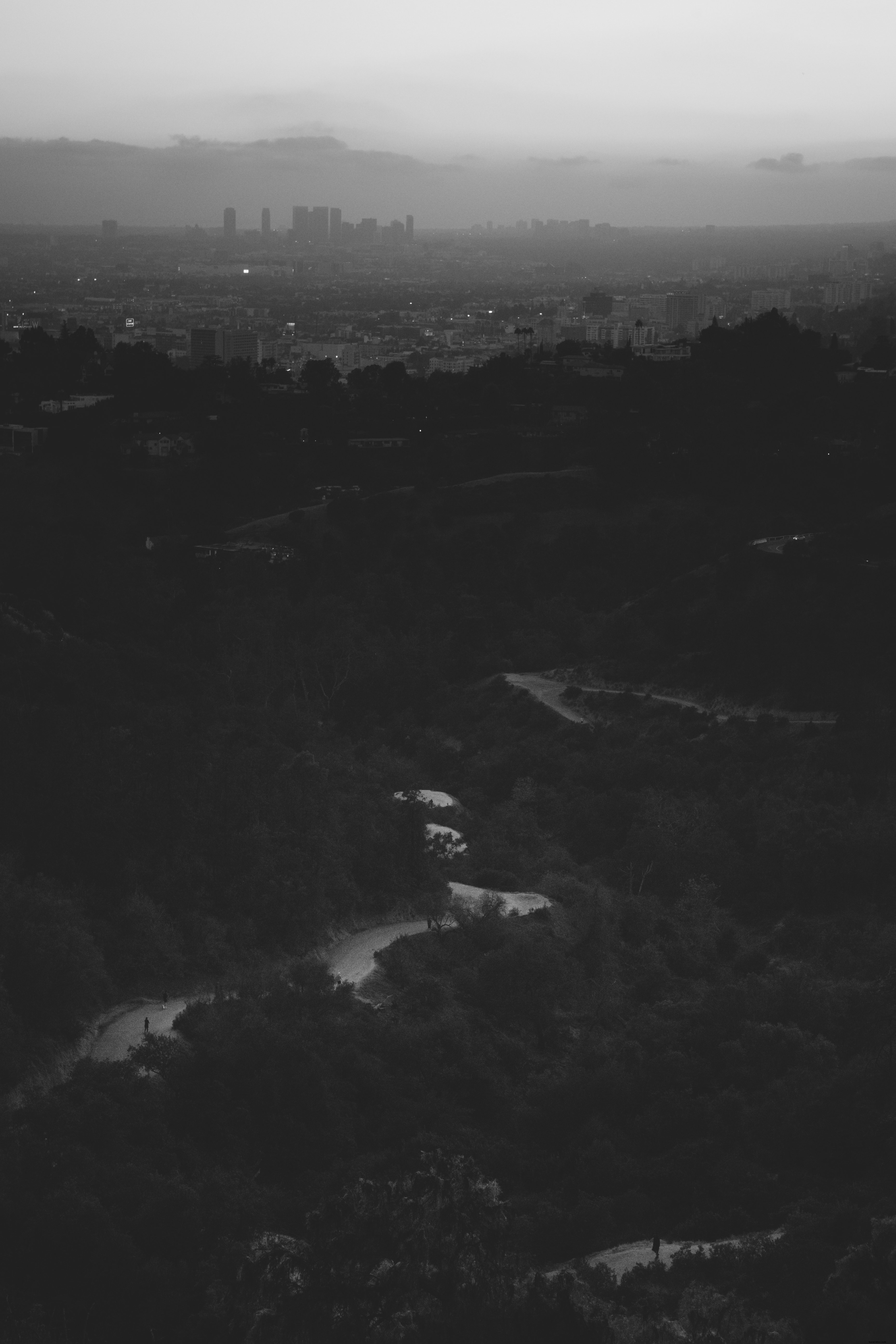 遠くに見える都市とモノクロ風景の写真